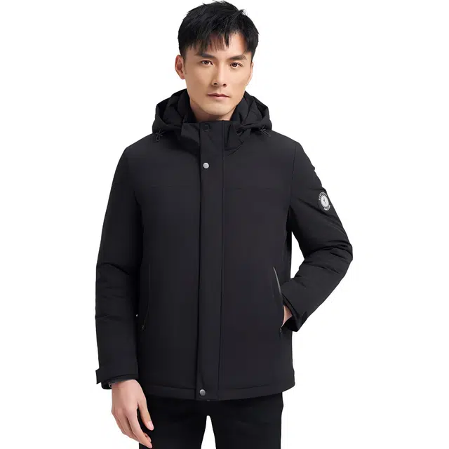 才子 纯色可脱卸帽拉链修身长袖羽绒服 男款