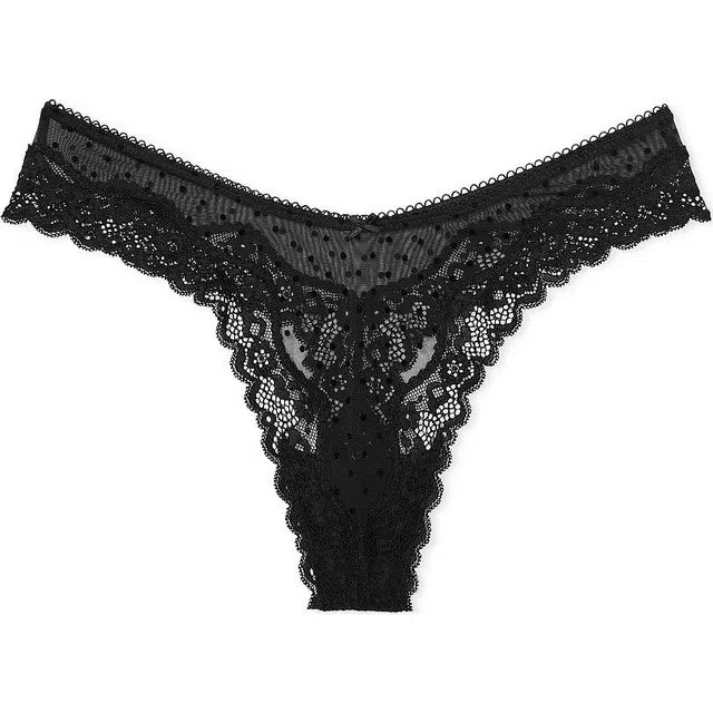 Victoria's Secret Tease Mesh Lace-Trim High-Leg Thong Panty Black 1