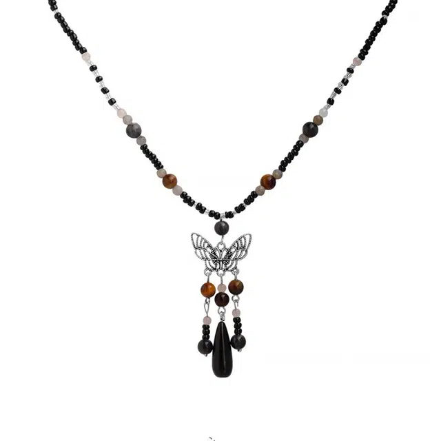 白卷 复古小众设计蝴蝶流苏串珠 合金 人工晶石 项链 女款