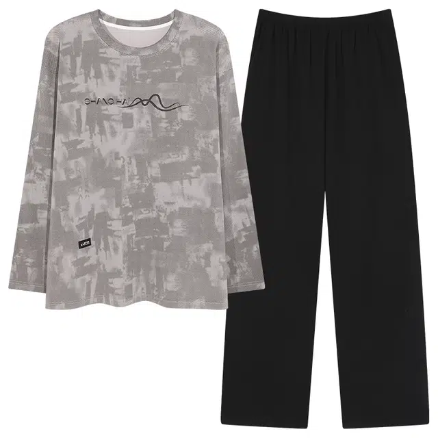 莫代尔 韩版时尚亲肤柔软透气舒适休闲居家可外穿圆领长袖长裤睡衣套装 男款 灰色