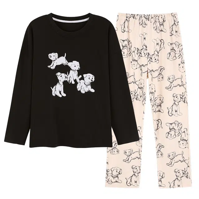 莫代尔 简约吸湿排汗透气轻盈亲肤柔软耐磨舒适长袖休闲可外穿长裤睡衣套装 女款 黑色