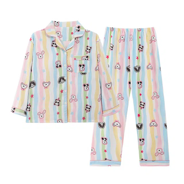 莫代尔 甜美满印卡通时尚带胸垫防凸点长袖长裤开衫翻领家居服可外穿睡衣套装 女款 图色