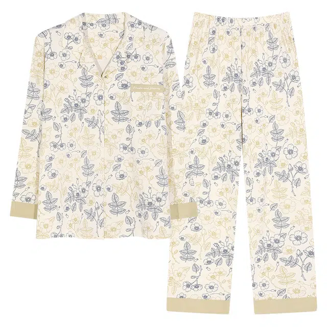 莫代尔 小清新时尚亲肤透气细腻柔软舒适开衫翻领长袖可外穿春秋季睡衣套装 女款 杏色