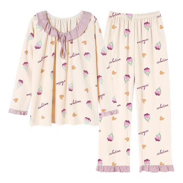 莫代尔 吸湿排汗微弹亲肤耐磨细腻舒适柔软透气可居家休闲可外穿长袖长裤睡衣套装 女款 杏色