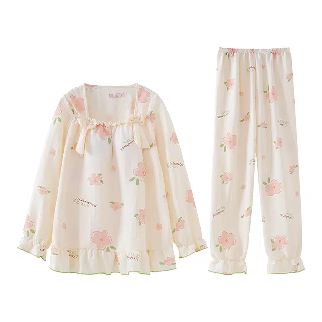 莫代尔 甜美花卉带胸垫防凸点长袖长裤套头家居服可外穿睡衣套装 女款 杏色