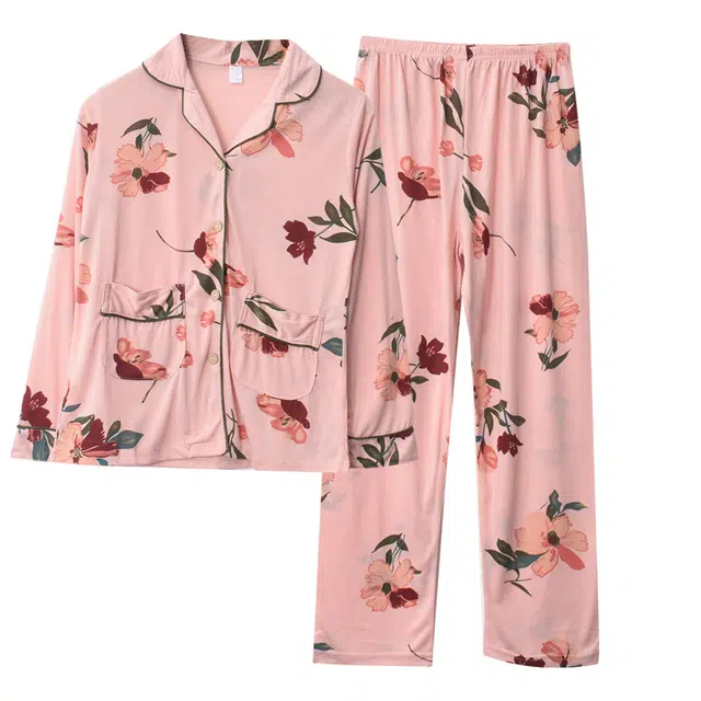 俏佳人 纯棉翻领开衫长袖大花满印休闲宽松上衣松紧腰长裤睡衣套装 女款