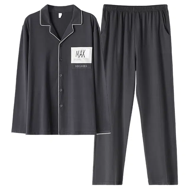 莫代尔 亲肤青年韩版纯棉长袖长裤居家睡衣套装 男款 神秘灰