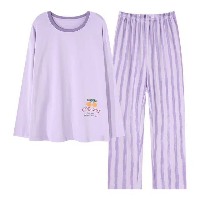 莫代尔 吸湿排汗亲肤耐磨舒适柔软微弹细腻透气可居家休闲可外穿长袖长裤睡衣套装 女款 淡紫色