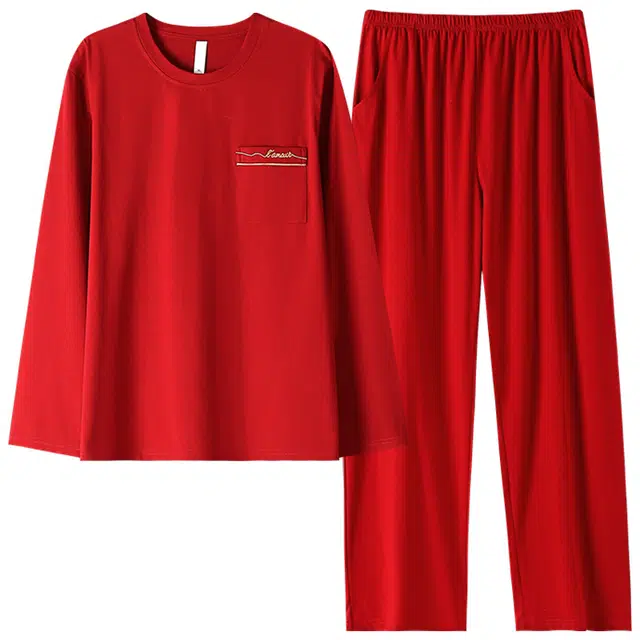 莫代尔 纯棉长袖套头可外穿家居睡衣套装 春秋季 男款 中国红