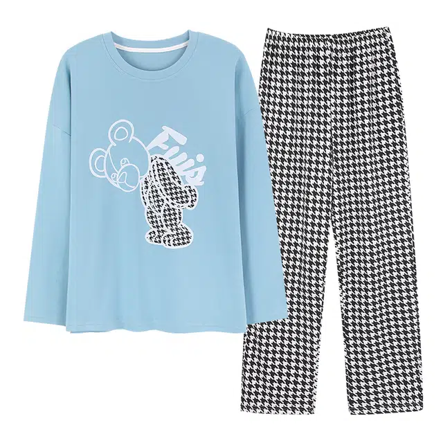 莫代尔 纯棉吸湿排汗透气微弹轻盈柔软亲肤耐磨细腻舒适休闲可外穿圆领长袖长裤睡衣套装 女款 淡孔雀蓝