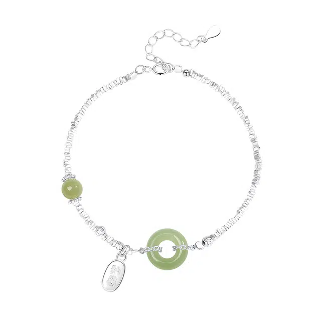 银千惠 新中式碎银几两岁岁平安手腕链 平安扣如意圆满小众福牌流苏福禄吉祥首饰小众女友生日礼品礼物礼盒 和田玉手链 白玉/青白玉 女款