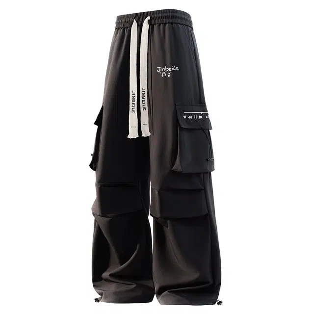 金贝勒 美式复古学院风潮牌趣味印花系带中腰机能百搭宽松直筒休闲裤 男女同款