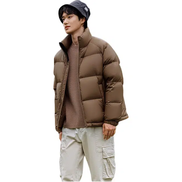坦博尔 纯色无帽立领拉链短款长袖羽绒服 男款