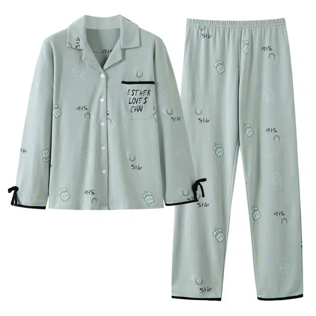 歌倩雅 简约亲肤舒适开衫小翻领长袖休闲可外穿长裤睡衣套装 女款 图片色