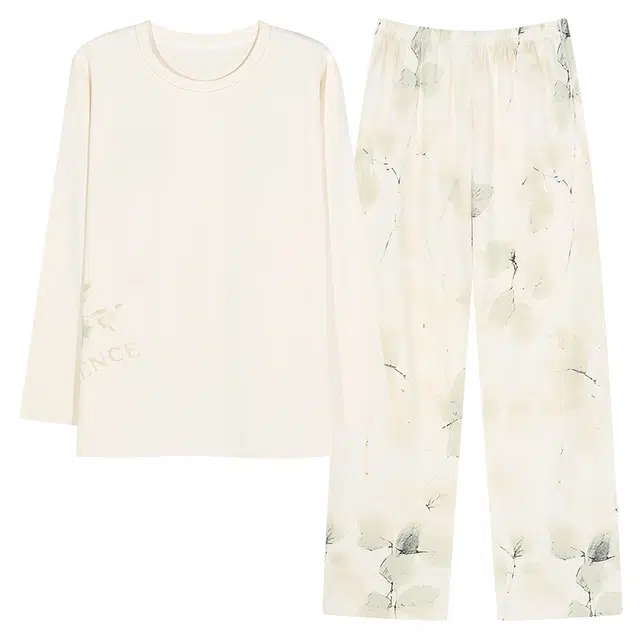 莫代尔 韩版小清新长袖长裤简约柔软亲肤舒适轻盈透气居家可外穿睡衣套装 女款 白色