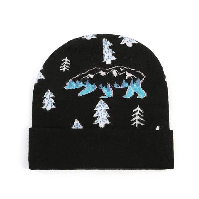 浪莎 秋冬卡通松树与动物提花针织帽户外休闲翻檐护耳保暖防风套头冷帽 腈纶 绒线帽 男女同款情侣款