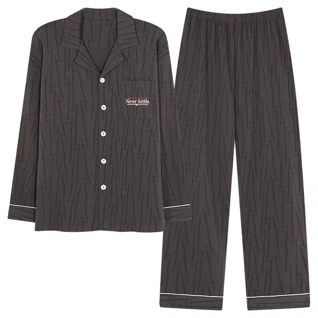 莫代尔 沉稳气质时尚舒适微弹亲肤透气柔软轻盈开衫翻领长袖不勒腰长裤可外穿睡衣套装 男款 灰色