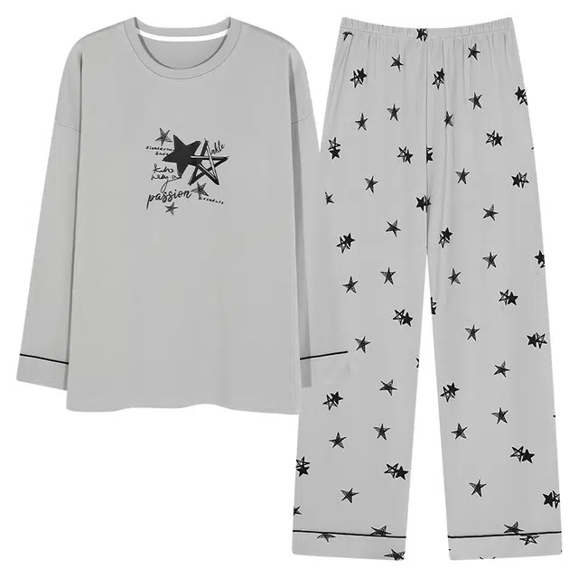 莫代尔 韩版长袖长裤柔软亲肤透气轻盈居家可外穿睡衣套装 女款 灰色