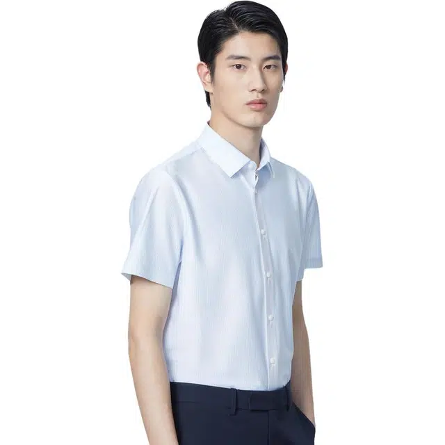 依文 商务时尚休闲细条纹职业短袖衬衫 男款 蓝色