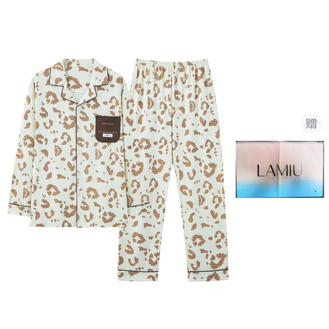 兰缪 简约时尚舒适透气翻领长袖开衫休闲可外穿长裤睡衣套装 男款 图片色