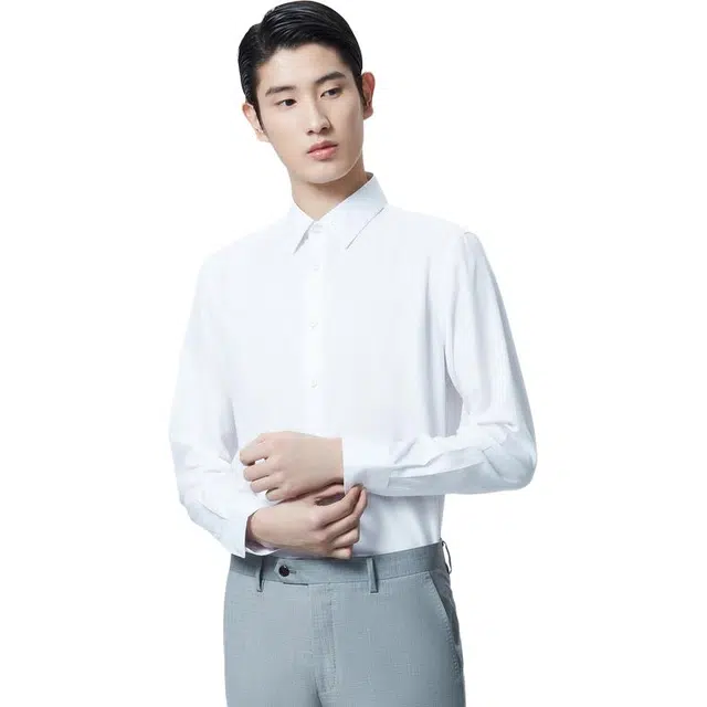 依文 商务休闲纯色尖领长袖衬衫 男款 白色