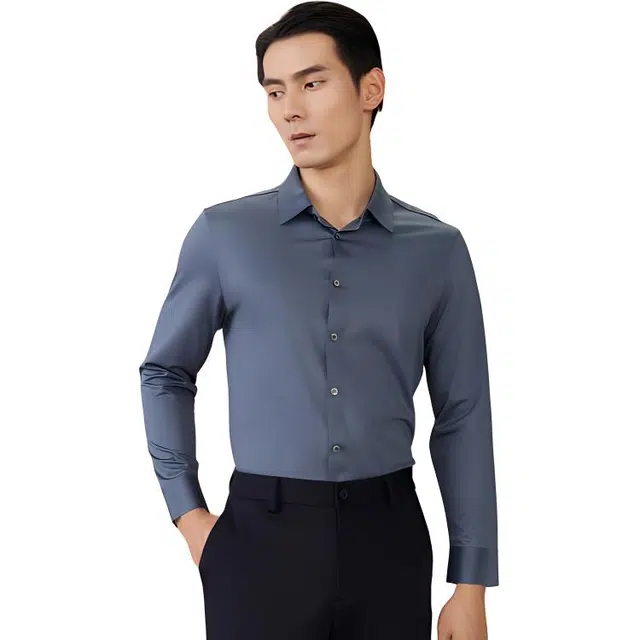 依文 纯色舒适速干长袖衬衫 男款 灰蓝色