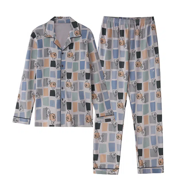 乐姿韵 纯棉轻奢长袖长裤休闲卡通家居服外穿睡衣套装 男款 灰色