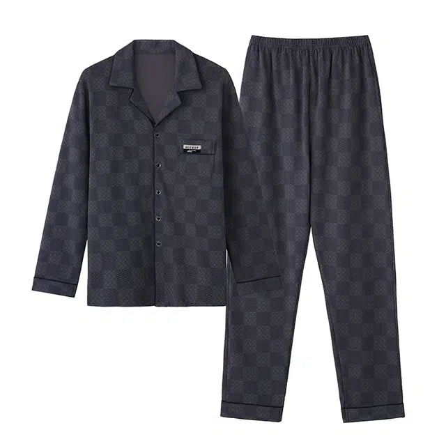 乐姿韵 轻奢翻领长袖长裤休闲大码格子高级感家居服可外穿睡衣套装 男款 黑色