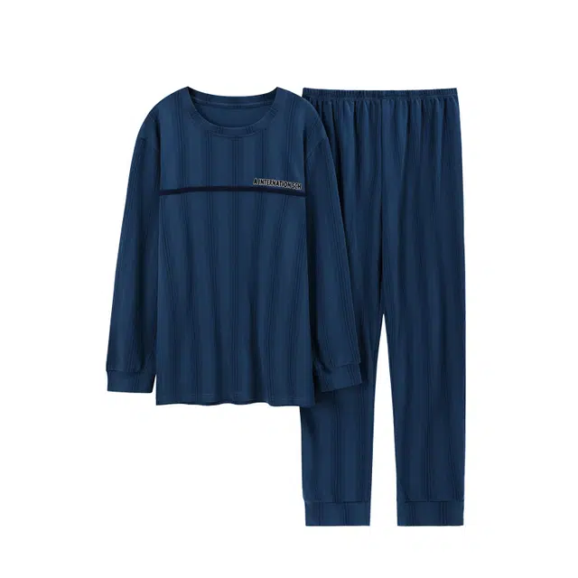 莫代尔 轻盈透气亲肤吸湿排汗舒适耐磨柔软微弹可居家休闲可外穿长袖长裤睡衣套装 男款 藏青色