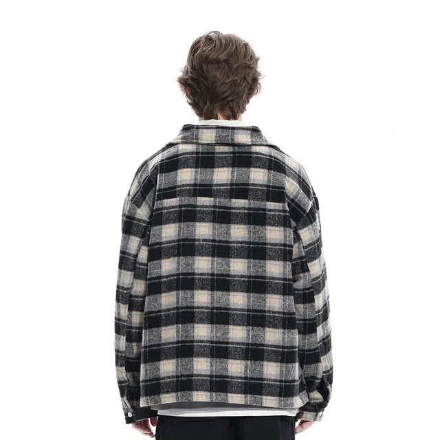 雅鹿 美式潮流时尚百搭休闲宽松高级感简约痞帅格子夹克外套 男女同款 黑色