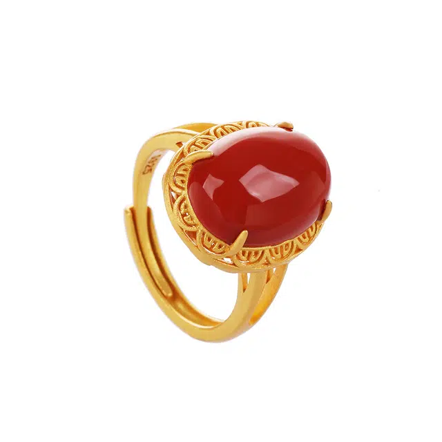 小银匠 花边蛋面新中式民族风复古气质国潮红色喜庆 玛瑙 戒指 女款