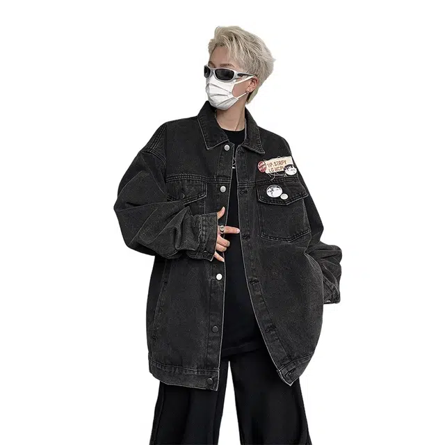 木林森 美式街头国潮复古高级感徽章宽松工装牛仔外套 男女同款