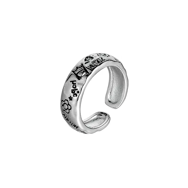 聆听花开 复古做旧涂鸦戒 小众设计高级高潮酷嘻哈街头个性时尚气质百搭潮流开口戒 合金 戒指 男女同款情侣款