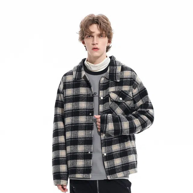 雅鹿 美式潮流时尚百搭休闲宽松高级感简约痞帅格子夹克外套 男女同款 黑色
