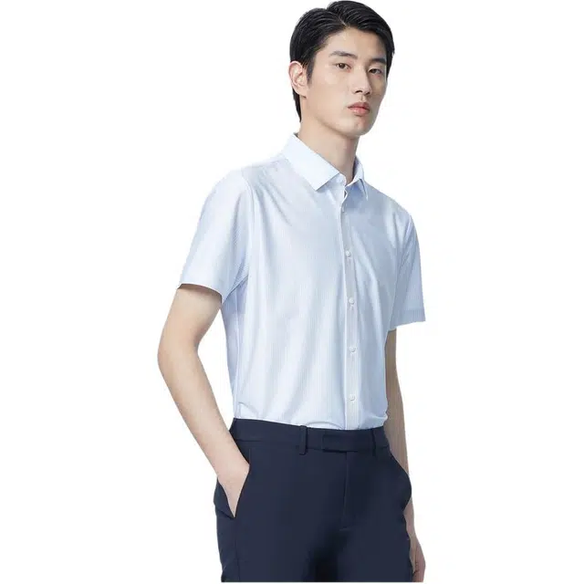 依文 商务时尚休闲细条纹职业短袖衬衫 男款 蓝色
