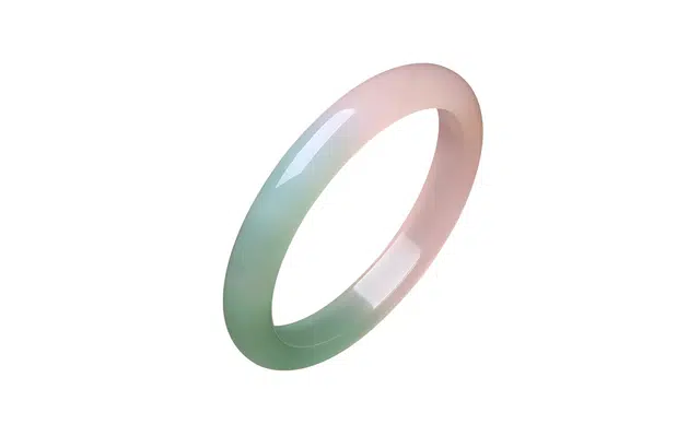 周六福 春彩深粉绿宽条新中式国风送女友礼物 玉髓 手镯 女款