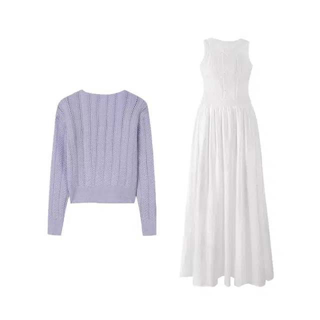 海獭 圆领休闲长袖针织开衫宽松纯色无袖连衣裙高级感镂空法式气质温柔风舒适裙装套装 女款