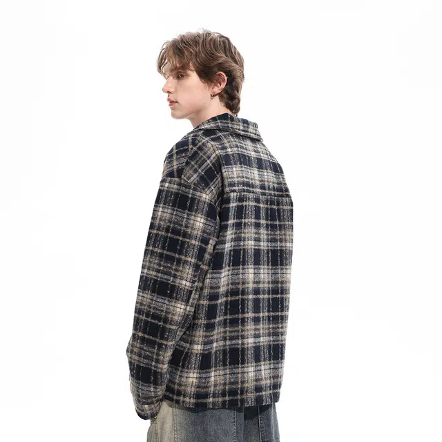 雅鹿 美式潮流翻领仿毛呢时尚百搭休闲宽松高级感高街痞帅设计感格子长袖夹克外套 男女同款 黑色