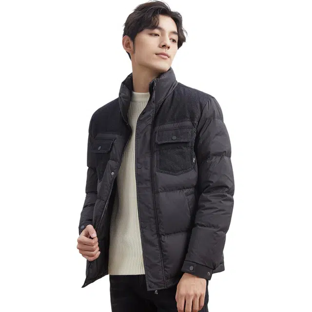 才子 牛仔口袋工装羽绒服 男款 黑色