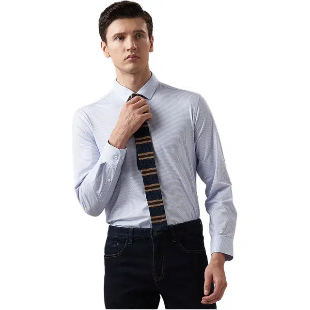 依文 修身高级感尖领长袖衬衫 男款 浅兰色小格子