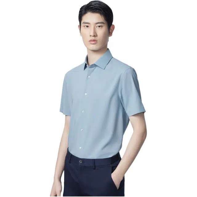 依文 商务休闲舒适尖领短袖衬衫 男款 蓝色