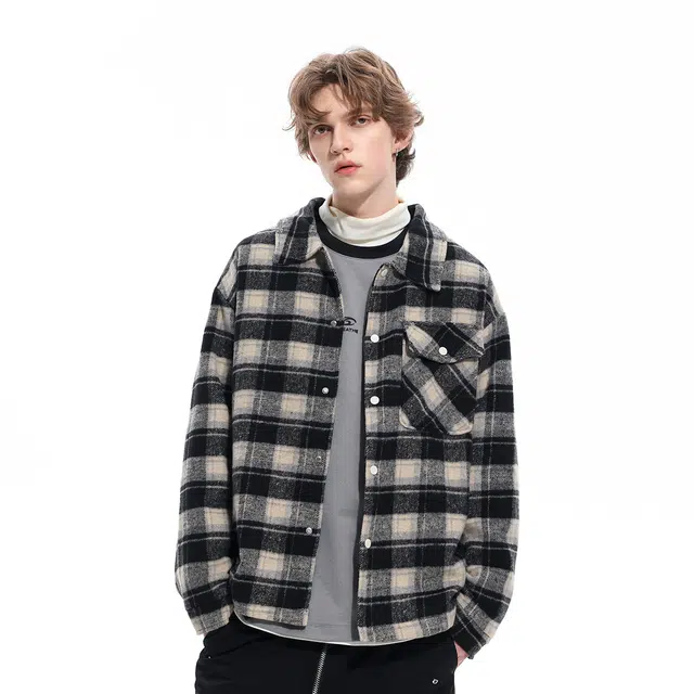 雅鹿 美式潮流时尚百搭休闲宽松高级感简约痞帅格子夹克外套 男女同款 黑色