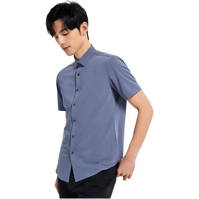 才子 条纹翻领纽扣修身短袖衬衫 男款