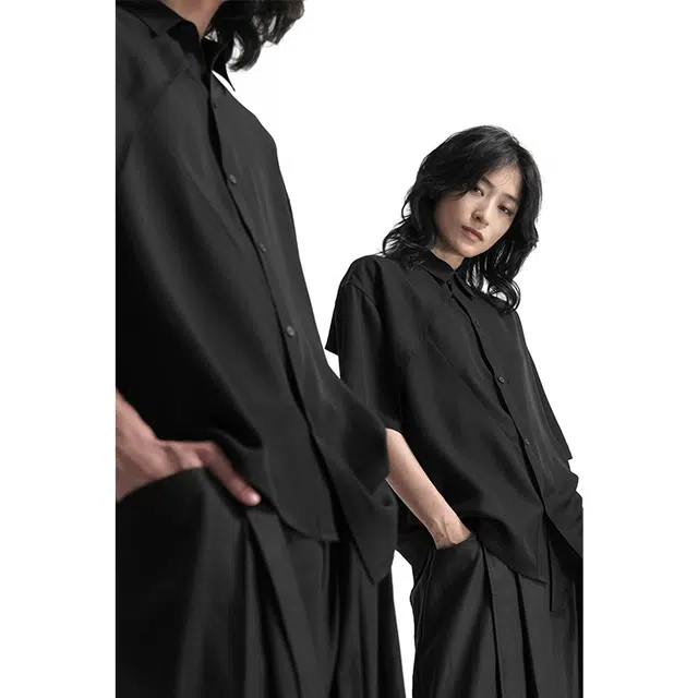 幻象者 纯色尖领宽松长袖衬衫 男女同款 黑色