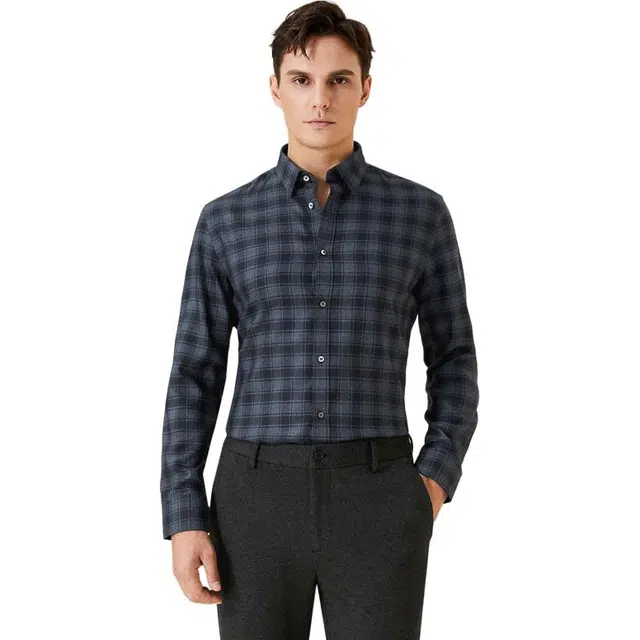依文 商务休闲格子长袖衬衫 男款 藏蓝色