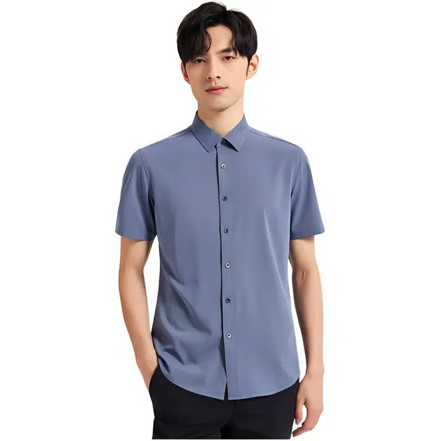 才子 条纹翻领纽扣修身短袖衬衫 男款