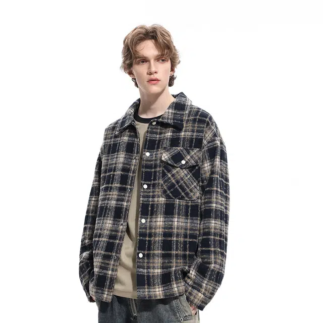 雅鹿 美式潮流翻领仿毛呢时尚百搭休闲宽松高级感高街痞帅设计感格子长袖夹克外套 男女同款 黑色