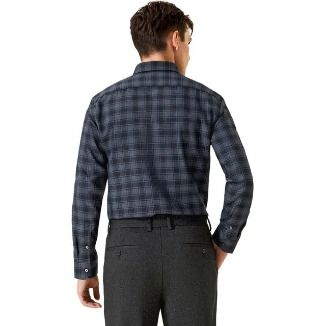 依文 商务休闲格子长袖衬衫 男款 藏蓝色