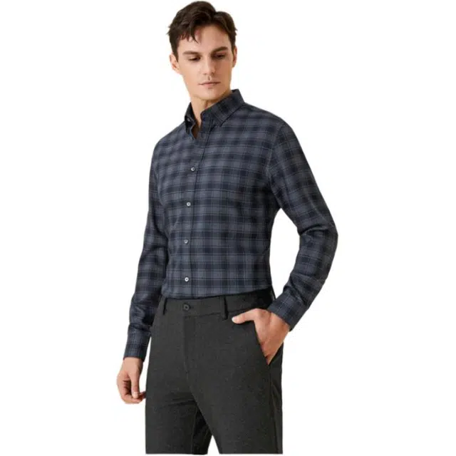 依文 商务休闲格子长袖衬衫 男款 藏蓝色