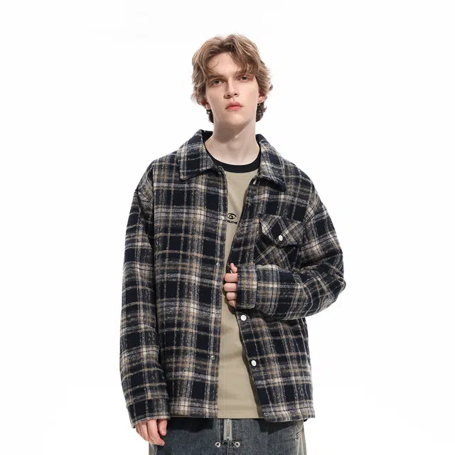 雅鹿 美式潮流翻领仿毛呢时尚百搭休闲宽松高级感高街痞帅设计感格子长袖夹克外套 男女同款 黑色